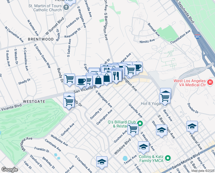 map of restaurants, bars, coffee shops, grocery stores, and more near 814 South Westgate Avenue in Los Angeles