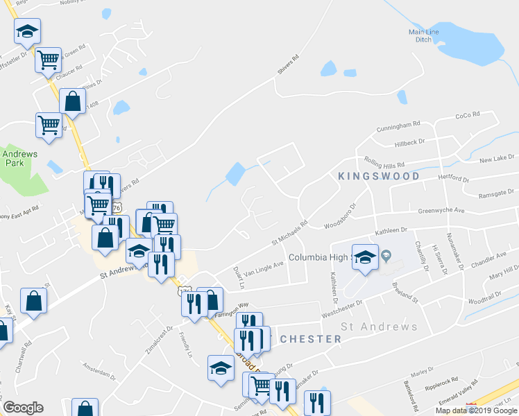 map of restaurants, bars, coffee shops, grocery stores, and more near 1925 Apple Valley Road in Columbia