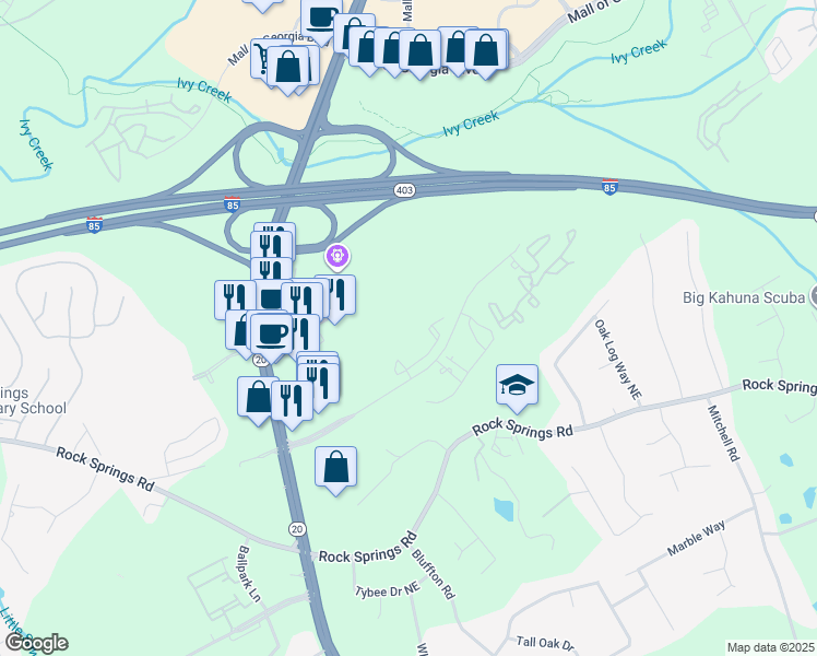 map of restaurants, bars, coffee shops, grocery stores, and more near 1525 Laurel Crossing Parkway Northeast in Buford