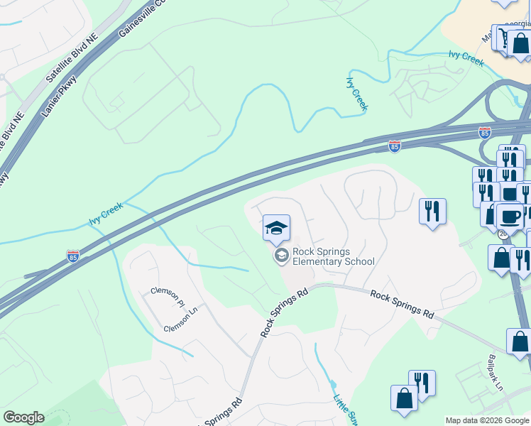 map of restaurants, bars, coffee shops, grocery stores, and more near 3083 Grace Court in Lawrenceville
