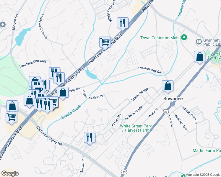 map of restaurants, bars, coffee shops, grocery stores, and more near 3945 Brushy Creek Way in Suwanee