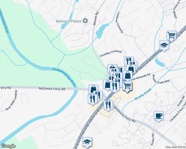 map of restaurants, bars, coffee shops, grocery stores, and more near 1105 River Laurel Drive in Suwanee