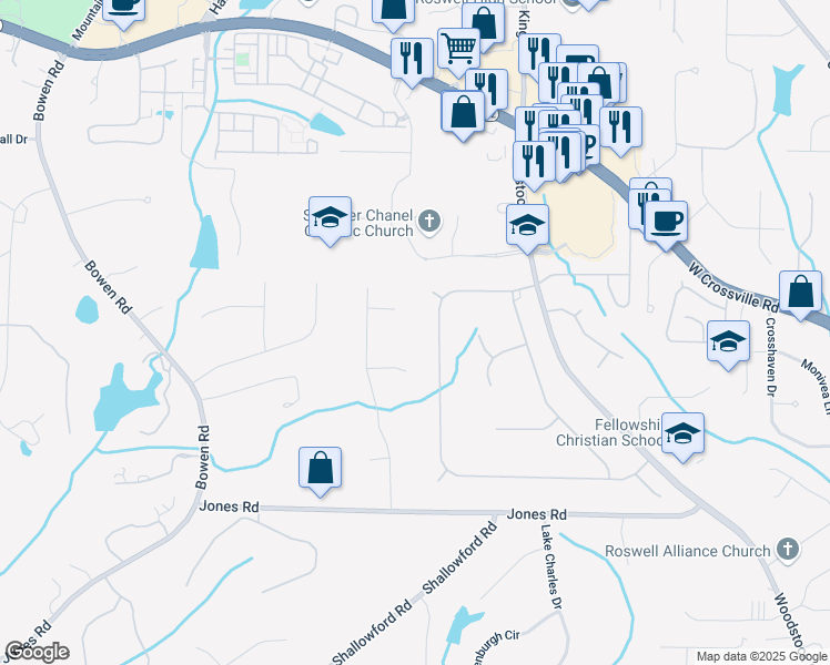 map of restaurants, bars, coffee shops, grocery stores, and more near 160 Etris Grove Court in Roswell