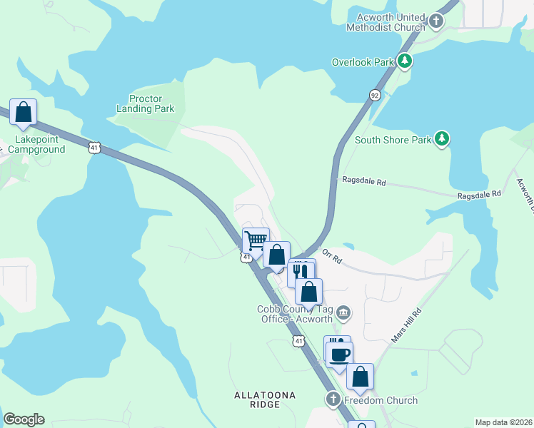 map of restaurants, bars, coffee shops, grocery stores, and more near 3953 Abernathy Farm Way Northwest in Acworth