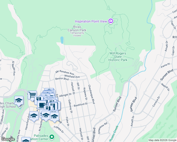 map of restaurants, bars, coffee shops, grocery stores, and more near 1275 Marinette Road in Los Angeles