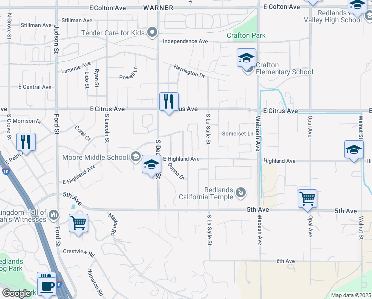 map of restaurants, bars, coffee shops, grocery stores, and more near 149 Velwood Drive in Redlands