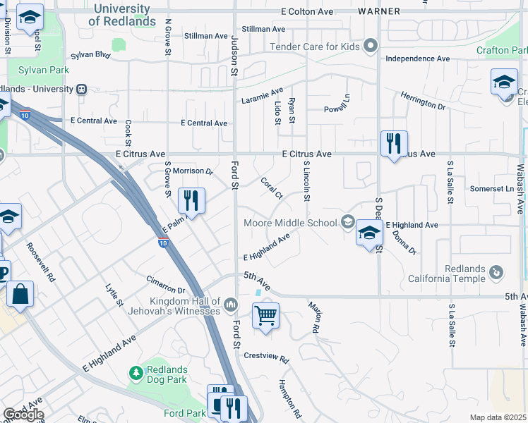 map of restaurants, bars, coffee shops, grocery stores, and more near 134 Kenwood Drive in Redlands