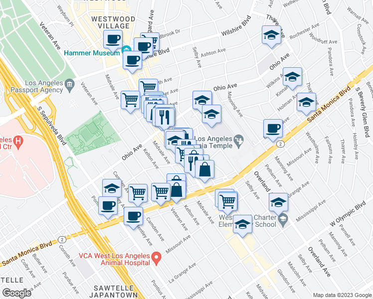 map of restaurants, bars, coffee shops, grocery stores, and more near 10838 Holman Avenue in Los Angeles