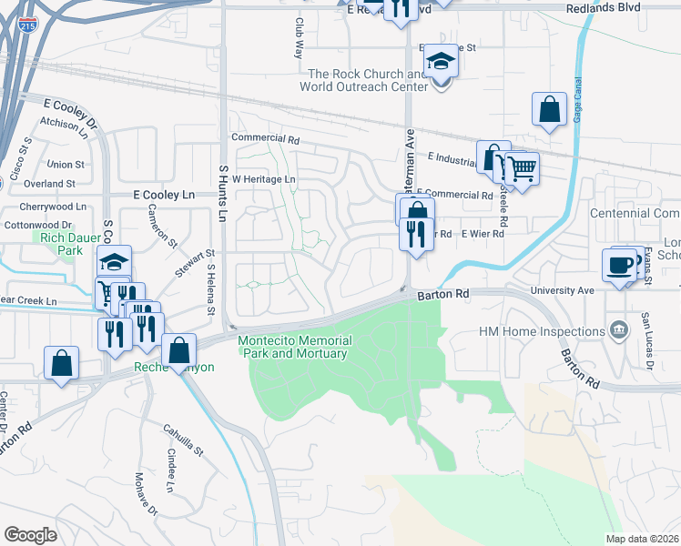map of restaurants, bars, coffee shops, grocery stores, and more near 2714 South Erin Way in San Bernardino