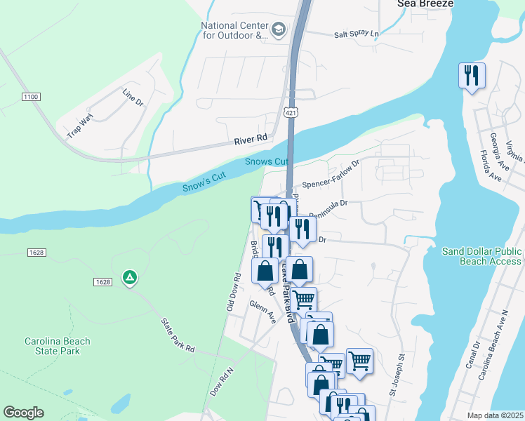 map of restaurants, bars, coffee shops, grocery stores, and more near 633 Spencer-Farlow Drive in Carolina Beach