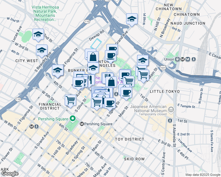 map of restaurants, bars, coffee shops, grocery stores, and more near 234 South Hill Street in Los Angeles