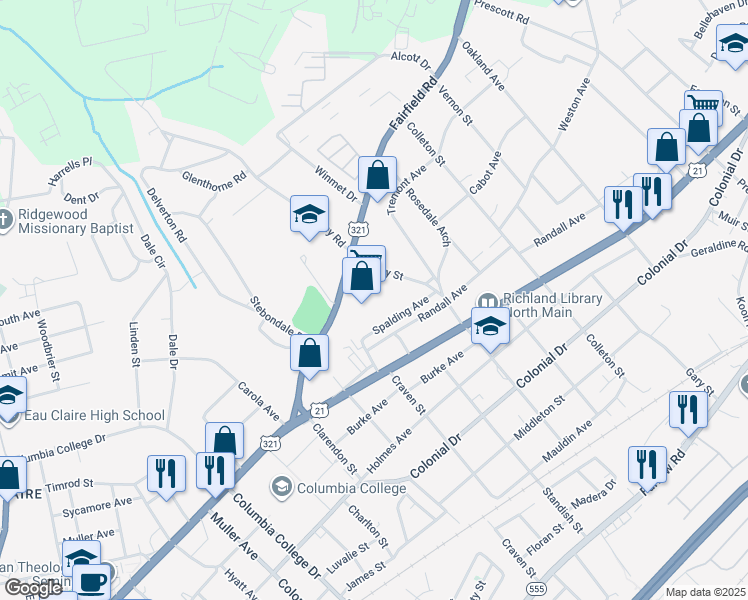 map of restaurants, bars, coffee shops, grocery stores, and more near 5118 Fairfield Road in Columbia