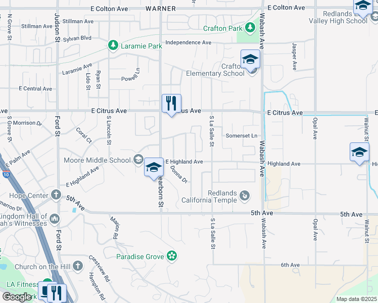 map of restaurants, bars, coffee shops, grocery stores, and more near 149 Velwood Drive in Redlands