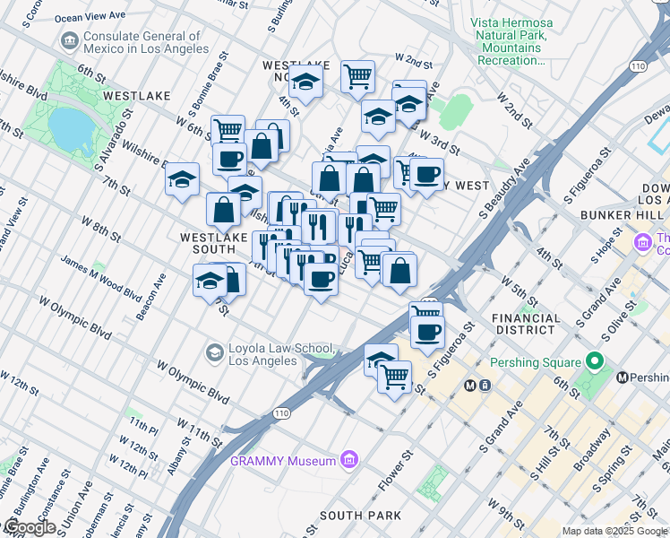 map of restaurants, bars, coffee shops, grocery stores, and more near 1175 Wilshire Boulevard in Los Angeles