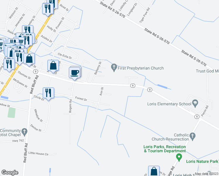 map of restaurants, bars, coffee shops, grocery stores, and more near 5416 Main Street in Loris