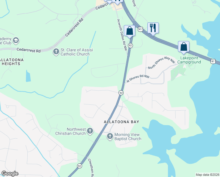 map of restaurants, bars, coffee shops, grocery stores, and more near 5966 Deer Springs Lane Northwest in Acworth