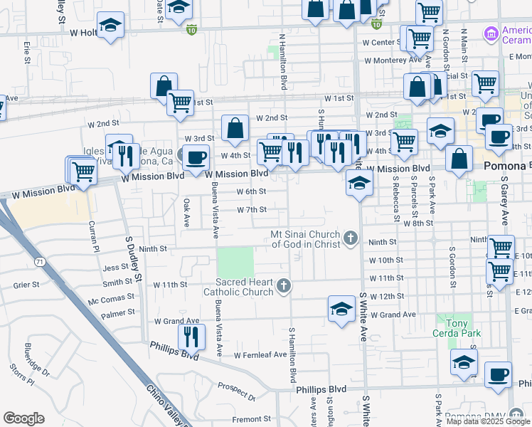 map of restaurants, bars, coffee shops, grocery stores, and more near 1164 West 7th Street in Pomona