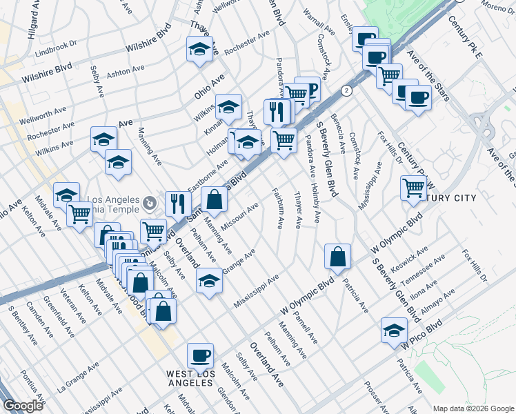 map of restaurants, bars, coffee shops, grocery stores, and more near 1833 Westholme Avenue in Los Angeles