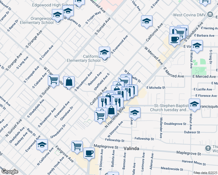 map of restaurants, bars, coffee shops, grocery stores, and more near 1520 South California Avenue in West Covina