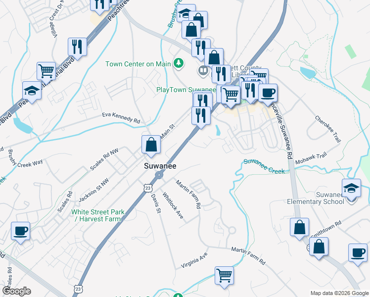 map of restaurants, bars, coffee shops, grocery stores, and more near 500 Buford Highway in Suwanee