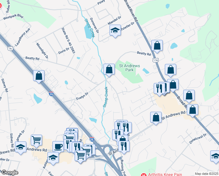 map of restaurants, bars, coffee shops, grocery stores, and more near 1004 Creekside Way in Columbia