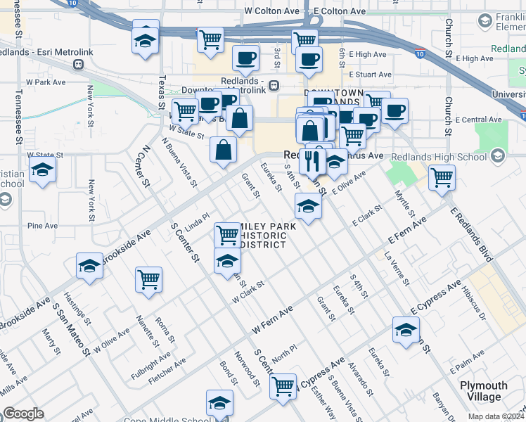 map of restaurants, bars, coffee shops, grocery stores, and more near in Redlands