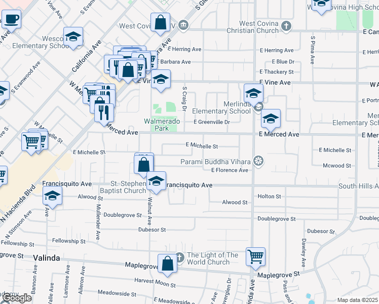 map of restaurants, bars, coffee shops, grocery stores, and more near 727 East Lucille Avenue in West Covina