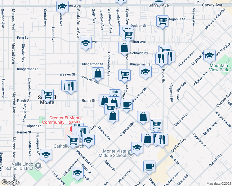 map of restaurants, bars, coffee shops, grocery stores, and more near 10957 Weaver Ave in South El Monte