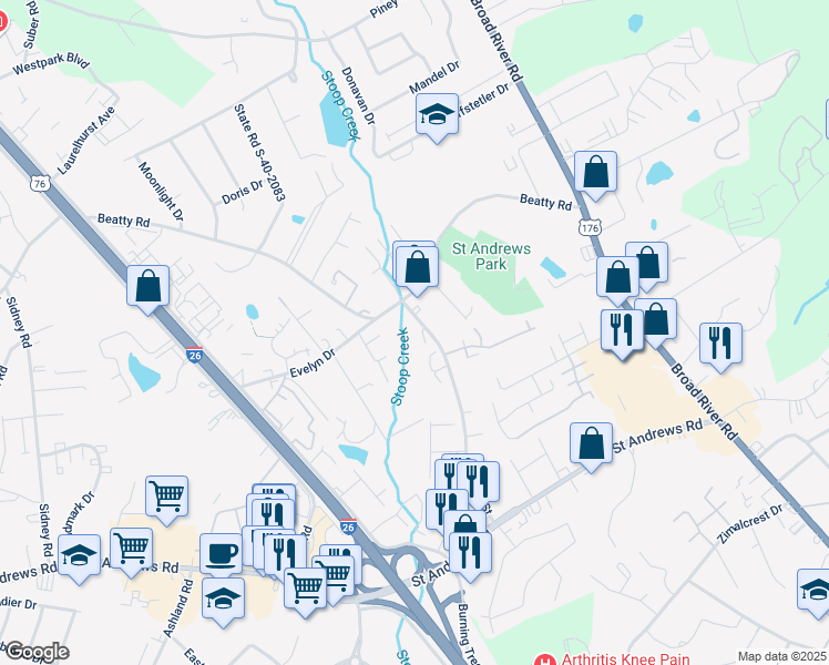 map of restaurants, bars, coffee shops, grocery stores, and more near 1004 Creekside Way in Columbia