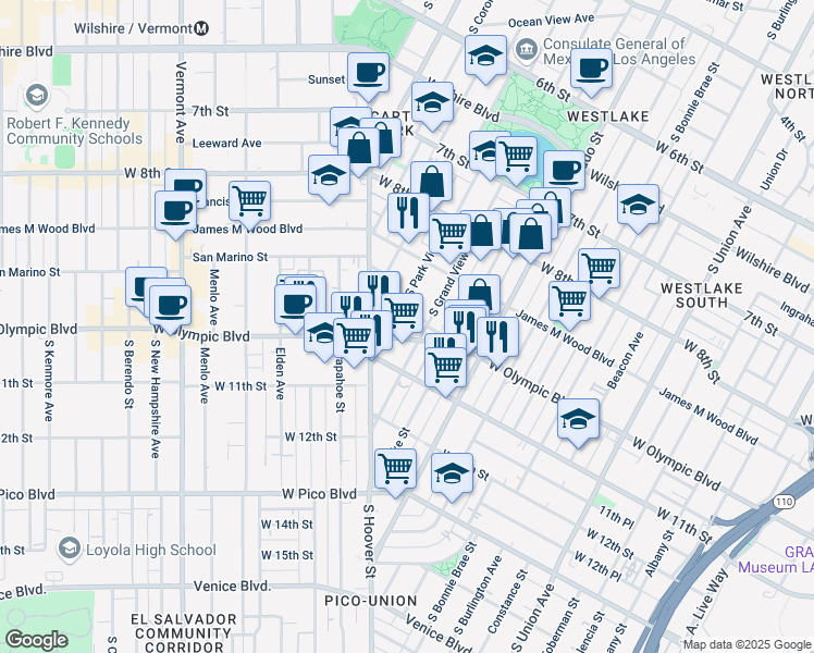 map of restaurants, bars, coffee shops, grocery stores, and more near 2323e West Olympic Boulevard in Los Angeles