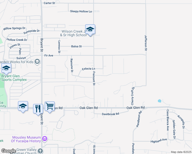 map of restaurants, bars, coffee shops, grocery stores, and more near 11061 Fremont Street in Yucaipa