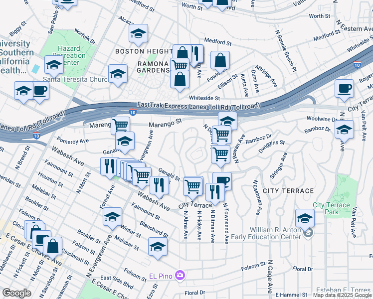 map of restaurants, bars, coffee shops, grocery stores, and more near 1247 North Hicks Avenue in Los Angeles