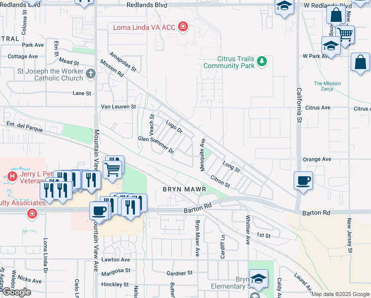 map of restaurants, bars, coffee shops, grocery stores, and more near 11068 Wilson Cove in Loma Linda