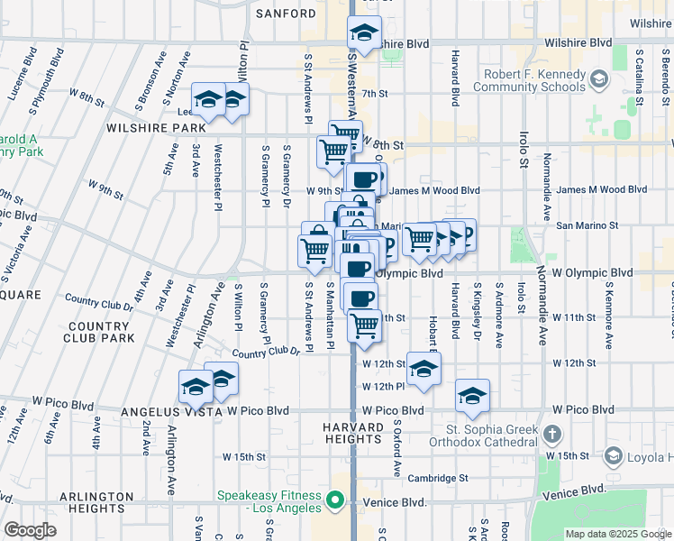 map of restaurants, bars, coffee shops, grocery stores, and more near 988 South Manhattan Place in Los Angeles