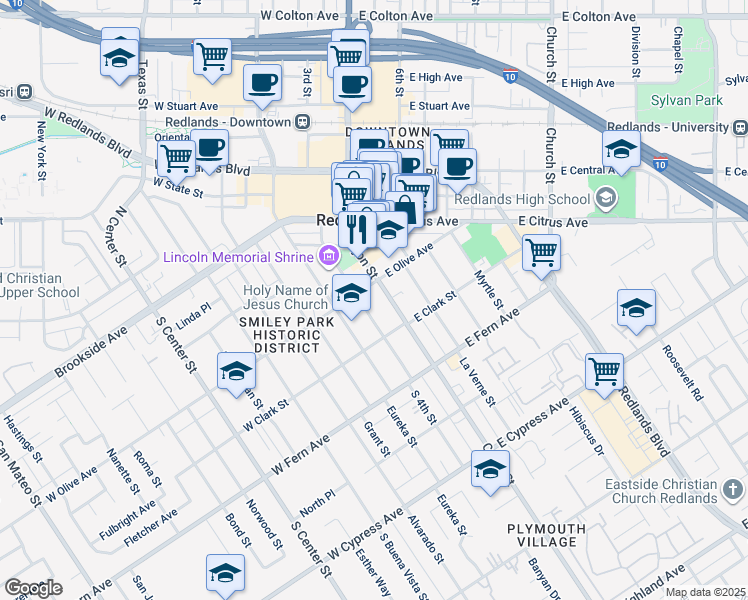 map of restaurants, bars, coffee shops, grocery stores, and more near 51 West Olive Avenue in Redlands