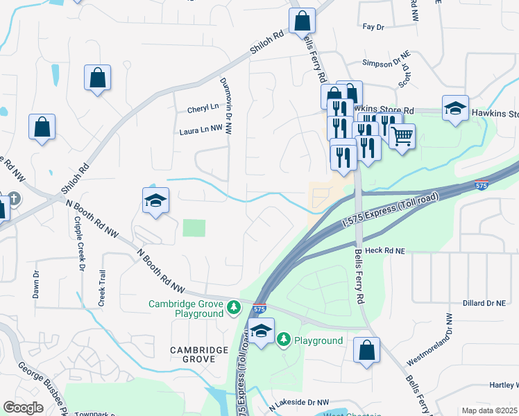 map of restaurants, bars, coffee shops, grocery stores, and more near 4065 Maxanne Drive Northwest in Kennesaw