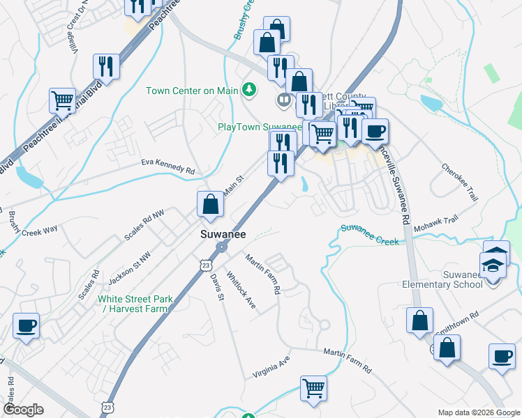 map of restaurants, bars, coffee shops, grocery stores, and more near 500 Buford Highway in Suwanee