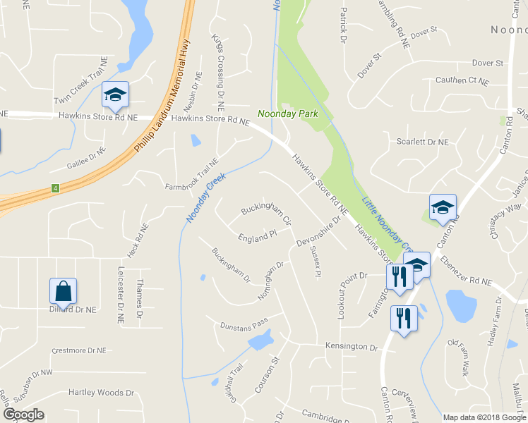 map of restaurants, bars, coffee shops, grocery stores, and more near 460 Buckingham Circle in Marietta
