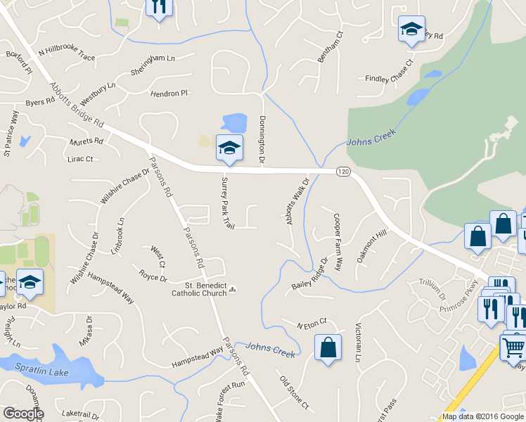 map of restaurants, bars, coffee shops, grocery stores, and more near 125 Surrey Park Ct in Duluth