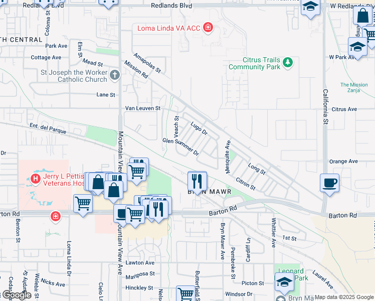 map of restaurants, bars, coffee shops, grocery stores, and more near 25967 Glen Summer Drive in Loma Linda
