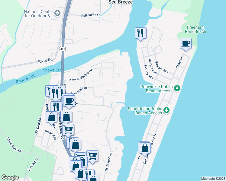 map of restaurants, bars, coffee shops, grocery stores, and more near 128 Teakwood Drive in Carolina Beach