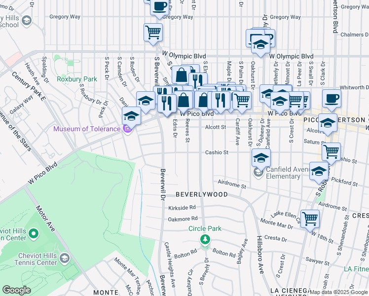 map of restaurants, bars, coffee shops, grocery stores, and more near 1481 Reeves Street in Los Angeles