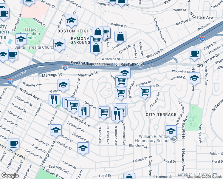 map of restaurants, bars, coffee shops, grocery stores, and more near Dickson Avenue in East Los Angeles