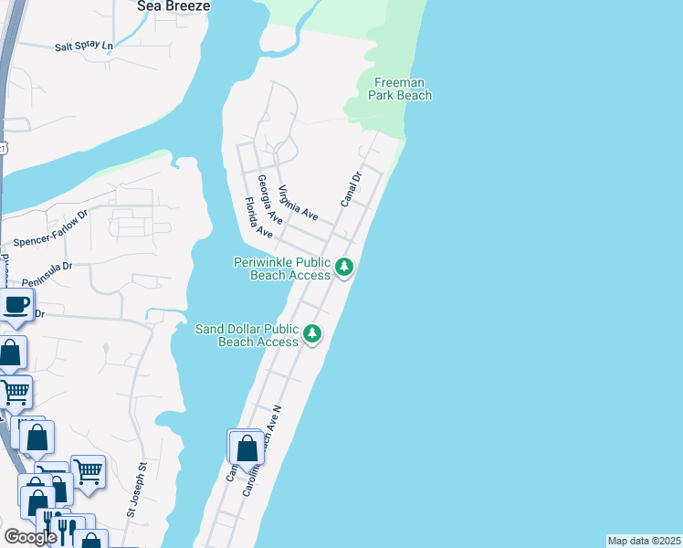map of restaurants, bars, coffee shops, grocery stores, and more near 1500 Carolina Beach Avenue North in Carolina Beach