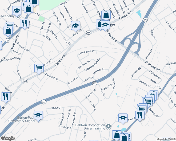 map of restaurants, bars, coffee shops, grocery stores, and more near 4000 Highland Park Drive in Columbia