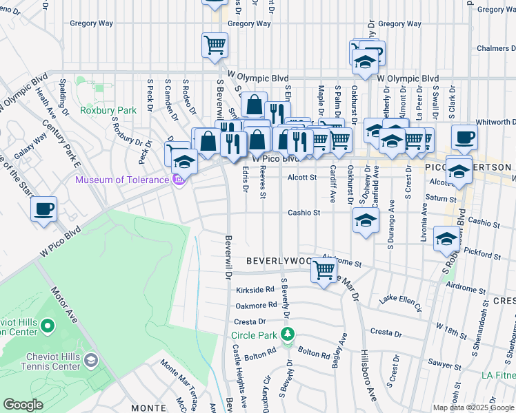 map of restaurants, bars, coffee shops, grocery stores, and more near 1481 Reeves Street in Los Angeles