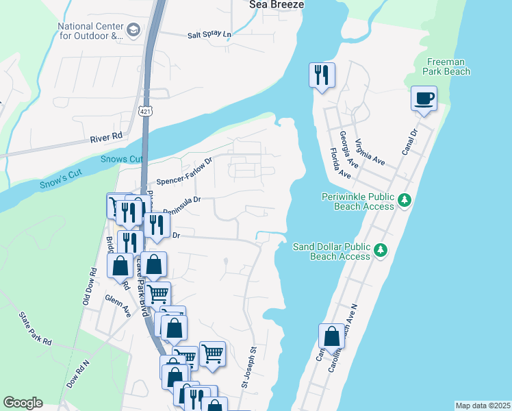 map of restaurants, bars, coffee shops, grocery stores, and more near 128 Teakwood Drive in Carolina Beach