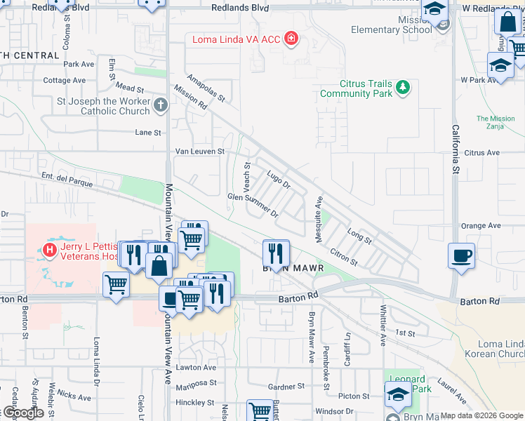 map of restaurants, bars, coffee shops, grocery stores, and more near 25967 Glen Summer Drive in Loma Linda