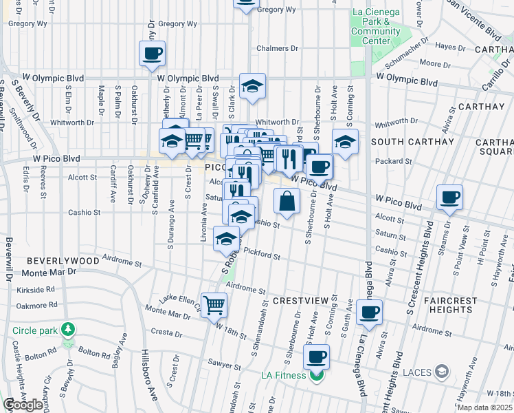 map of restaurants, bars, coffee shops, grocery stores, and more near 1455 South Wooster Street in Los Angeles