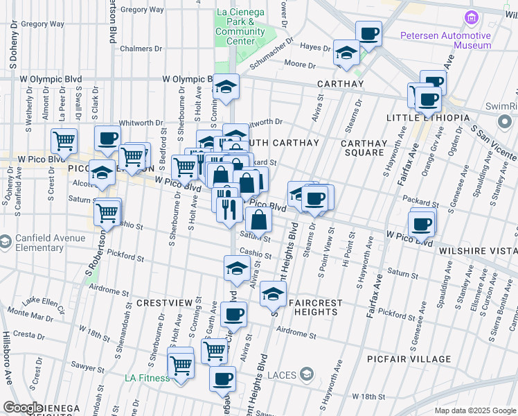 map of restaurants, bars, coffee shops, grocery stores, and more near 6095 West Pico Boulevard in Los Angeles
